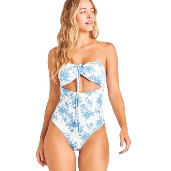 LoveShackFancy Baylor One Piece Swimsuit Medium Blue White Floral Bandeau - Picture 1 of 9